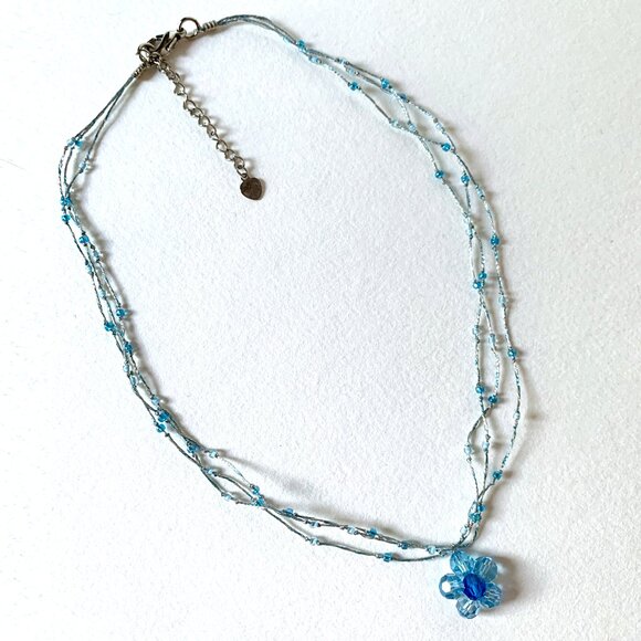 Silk & Crystal Blue Flower Necklace by Crossroads - Picture 2 of 6